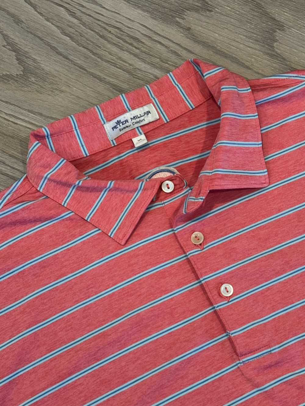 Peter Millar Summer Comfort Men’s XL Coral Blue Striped Golf Polo Shirt